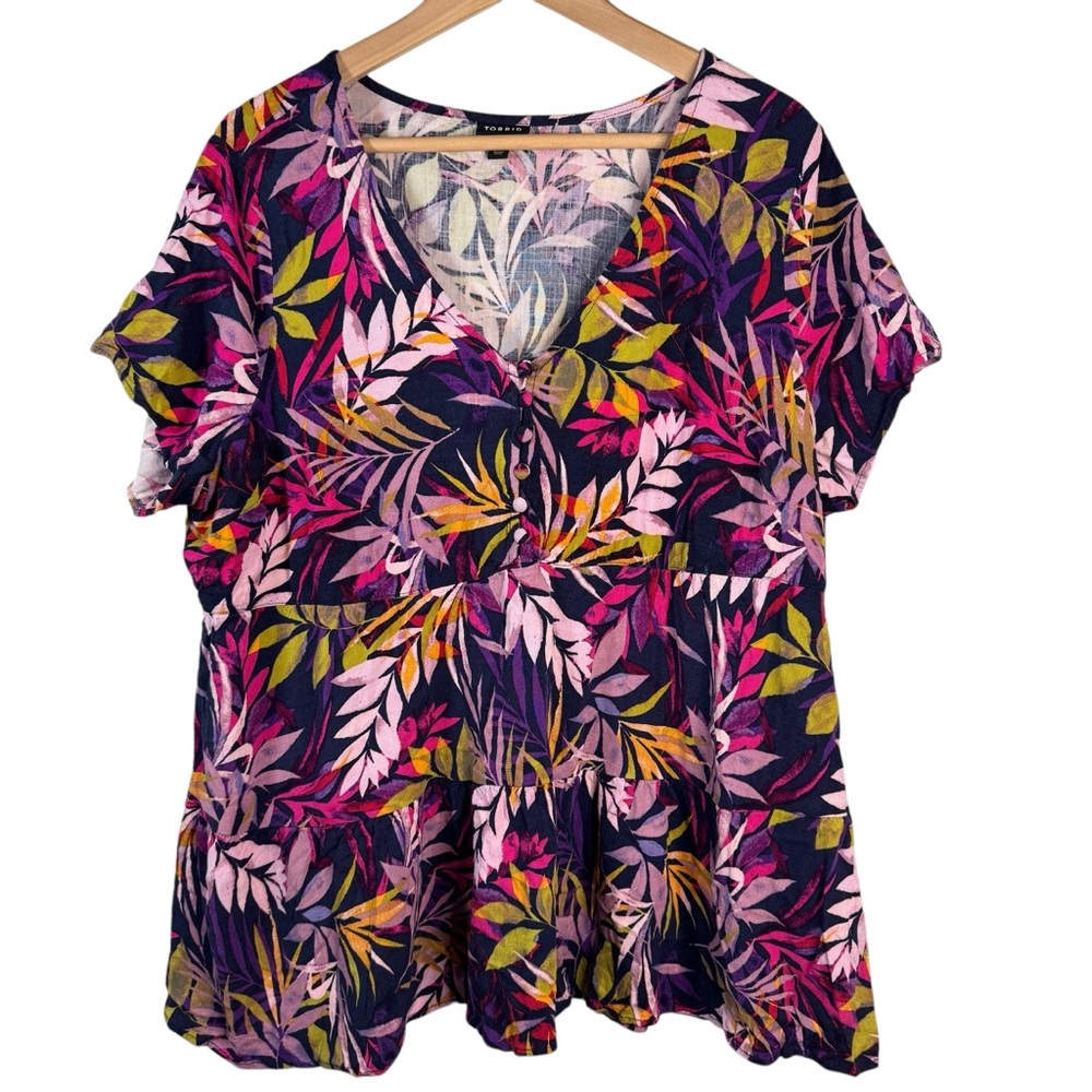 Torrid Tropical Floral Button Front Tiered Babydoll Top 2X Short Sleeve Shirt